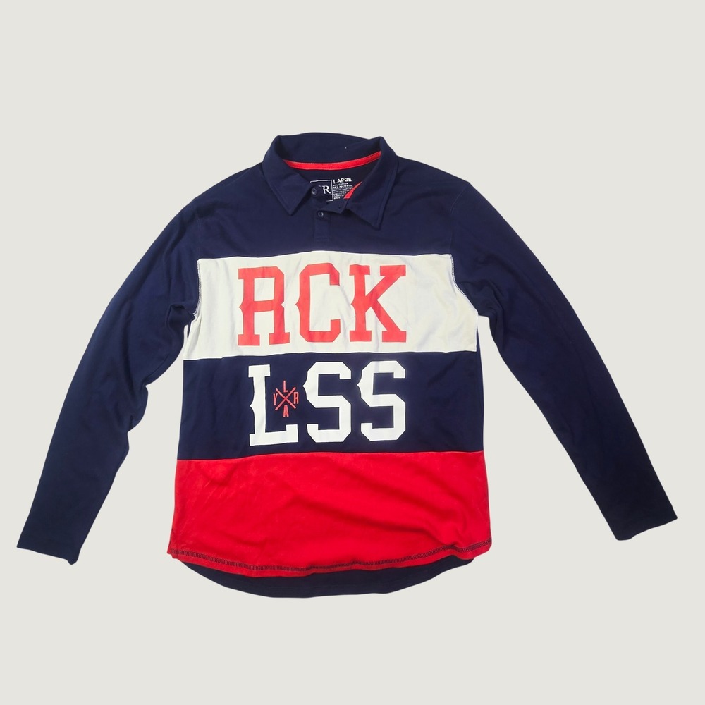 Young & Reckless Men's RCK LSS Polo Shirt Large Blue Red White Colorblock B46